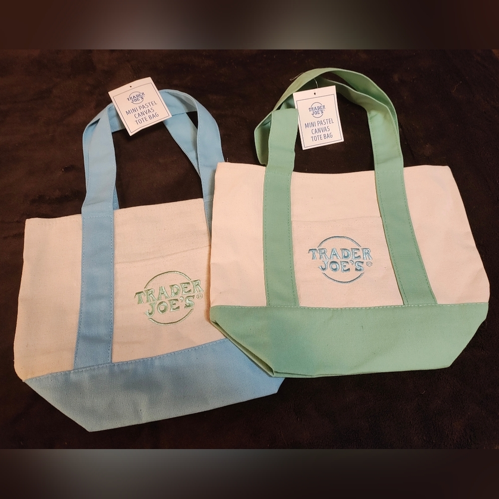 2 Trader Joe's Mini Pastel Tote Bags, Mint Green & Sky Blue